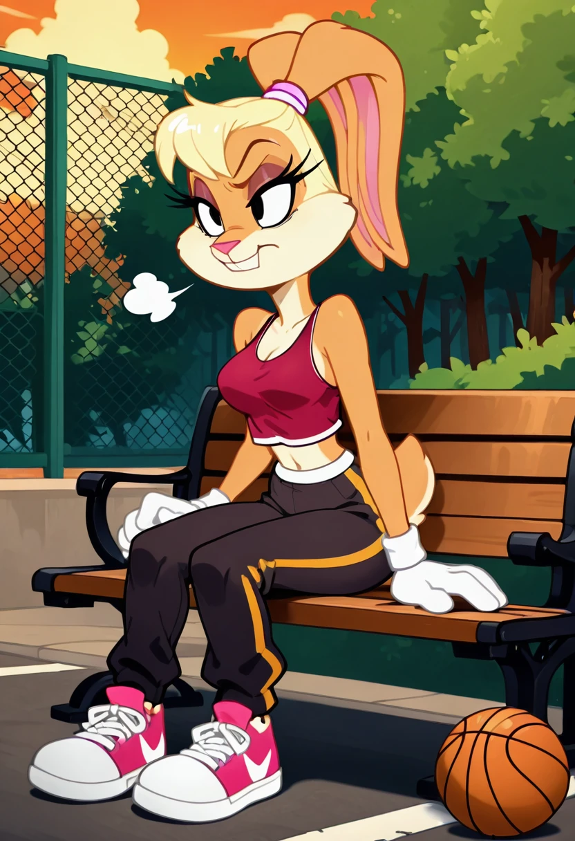 masterpiece, best quality, no humans, curvy, aged up, medium breasts, wide hips, narrow waist,  [Street Court Sunset] zzLola, blonde hair, ponytail, hair tie, 1girl, solo, cropped tank top, track pants, sneakers, sweatband, basketball, chain-link fence, street court bench, orange sunset glow, athletic sporty aesthetic, sitting pose â zzLola leans forward on a weathered court bench, arms draped over a basketball, sweatband pushed up to reveal determined eyes. The sun sets behind the fence, casting golden streaks across her toned arms and tousled ponytail. Her sneakers scuff the pavement as she catches her breath, ready for another round.    <lora:LolaBunnyCartoon_IXL:1.0>,   C0utur3Cr4z3, <lora:CoutureCraze_IXL:0.5>,