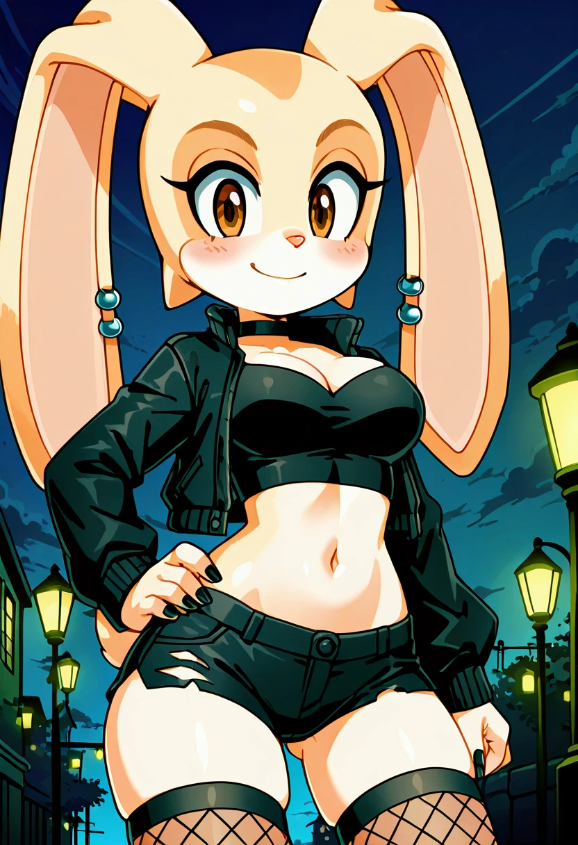 masterpiece, best quality, no humans, curvy, aged up, medium breasts, wide hips, narrow waist,  smile,    zzCream, cream fur, long ears, 1girl, solo, rabbit girl,   1girl, solo, breasts, looking at viewer, blush, large breasts, shirt, thighhighs, long sleeves, navel, cleavage, jewelry, closed mouth, jacket, thighs, earrings, outdoors, sky, shorts, choker, midriff, stomach, nail polish, open jacket, black jacket, crop top, torn clothes, black shirt, short shorts, skindentation, night, ass visible through thighs, black choker, looking down, black shorts, from below, fishnets, black nails, night sky, cropped jacket, fishnet thighhighs, lamppost, torn shorts, hand on hip,   ,<lora:CreamTheRabbit_IXL:1.0>,   C0utur3Cr4z3, <lora:CoutureCraze_IXL:0.7>,