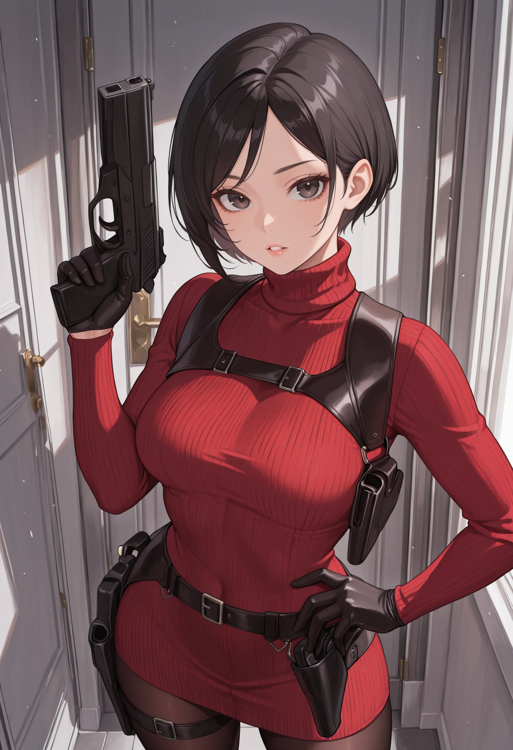 masterpiece, best quality, absurdres, highres, newest, 1girl, solo, <lora:adawong-re-richy-v1_ixl:1> adasweater, black hair, short hair, black eyes, red sweater, turtleneck, harness, pantyhose, black gloves, belt, standing, looking at viewer, parted lips, indoors, handgun, holding gun, hand up, trigger discipline, hand on hip