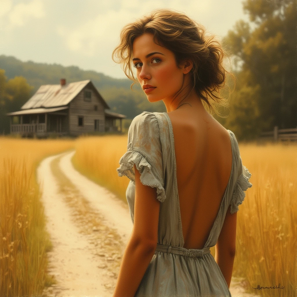 Drawing. Warm tones.
A beautiful bohemian woman, shy, turning away, looking over her shoulder. On a country road, walking away. Backless dress. An old farmhouse.
cntrycmfrtCE_style