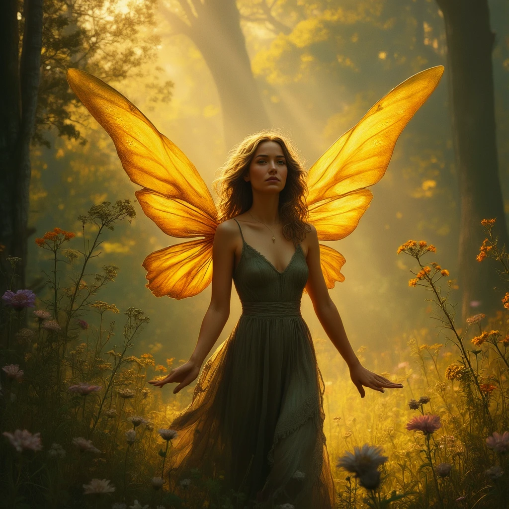 Drawing. Warm tones.
Heat haze. A fairy with shimmering wings, in the mystical forest, in a hazy glade. Fantasy style.
cntrycmfrtCE_style