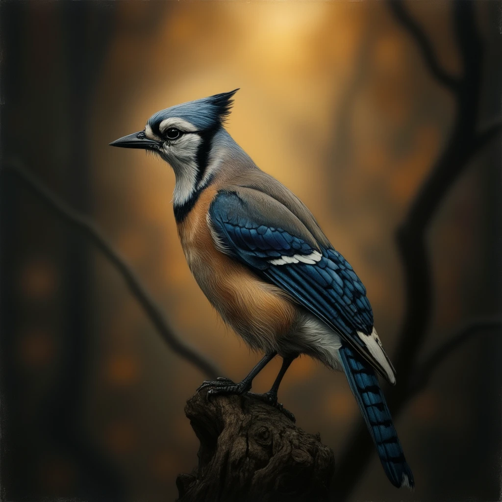 Drawing. Warm tones.
Closeup of a Bluejay on a branch. Textured, Shadow. illuminated by mysterious dusky ethereal light.
Fanciful lighting effect.
Chiaroscuro.
Lens flare.
cntrycmfrtCE_style