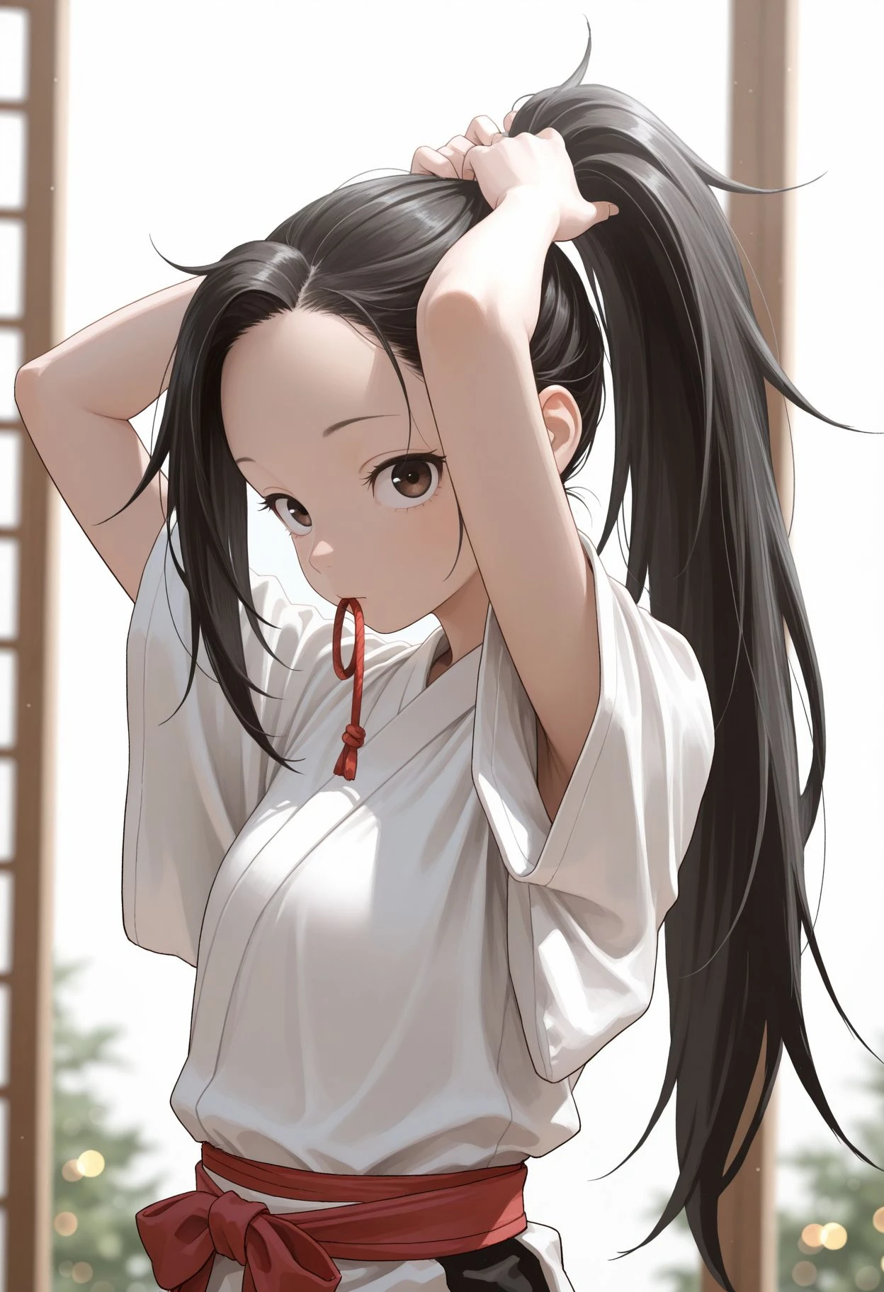 masterpiece,best quality,absurdres,highres,very aesthetic,high quality,detailed,insanely detailed,beautiful,perfect lighting, ,depth of field,blurry background,bokeh, looking at viewer
 <lora:Tsubaki illu:1>1girl, jaggy lines, white background, simple background, ponytail, long hair, tying hair, mouth hold, brown eyes, black hair, wide sleeves, short sleeves, forehead, arms up, japanese clothes