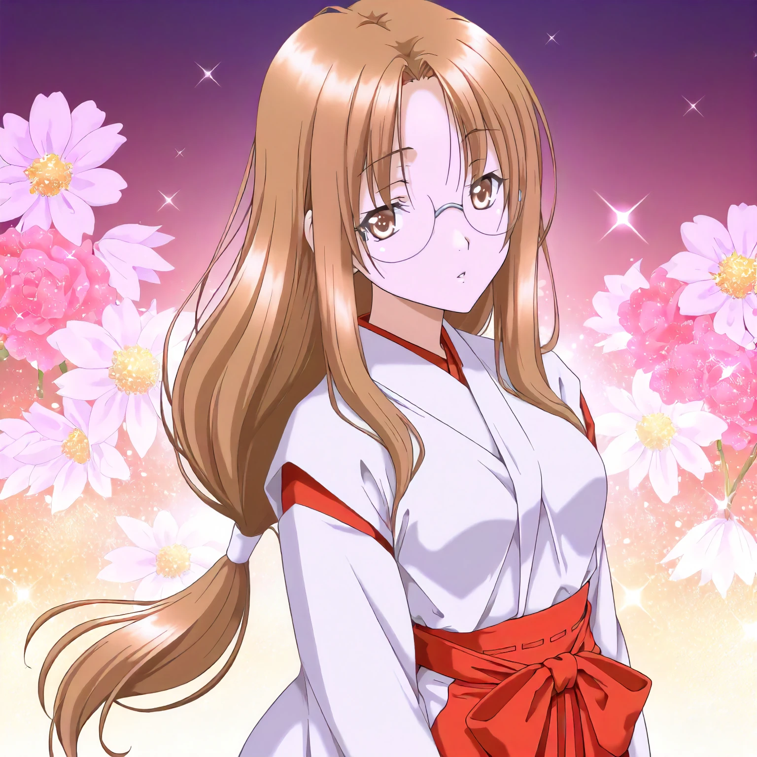 <lora:YG_takani_sakuyaXLIllustrious001>,
masterpiece,best quality,good quality,newest,
flower background,glitter,
parted lips,
looking at viewer,
solo,
anime coloring,
takani_sakuya\(yukigatari\),1girl,light brown hair,low-tied long hair,brown eyes,rimless_eyewear,
miko,red hakama,
standing,