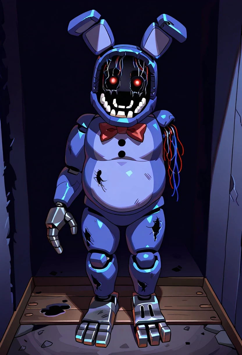 WitheredBonnieFNAF, 1boy, dirty dry blue fur, hollow face, red eyes, round thin teeth, thinner torso, dark red bowtie, small black buttons, holes tattering limbs, metal right hand, metal left foot, amputated arm, withering, horror, robot joints, solo, full body