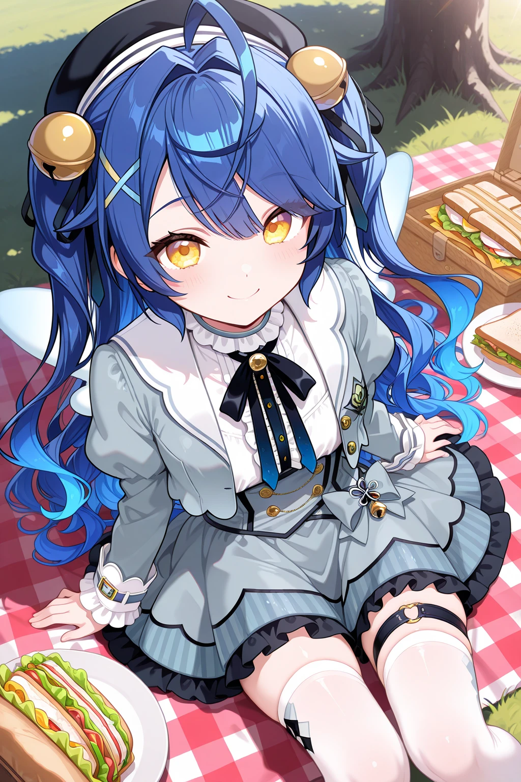 1girl, AmamiyaKokoroNijisanji,
general, solo, perspective, dynamic angle, from above,
long hair, blue hair, two side up, wavy hair,
eyelashes, yellow eyes,
black headwear, x hair ornament, hair bell,
grey jacket,
puffy sleeves, frilled sleeves,
cropped jacket,
breasts, open jacket,
neck bell, white shirt,
grey dress,
thigh strap, white thighhighs,
sitting, smile, sandwich,
outdoors, picnic,
<lora:kp_AmamiyaKokoroNijisanji1stCostumeIllustrious_v1_0:1.0>,
masterpiece, best quality, amazing quality