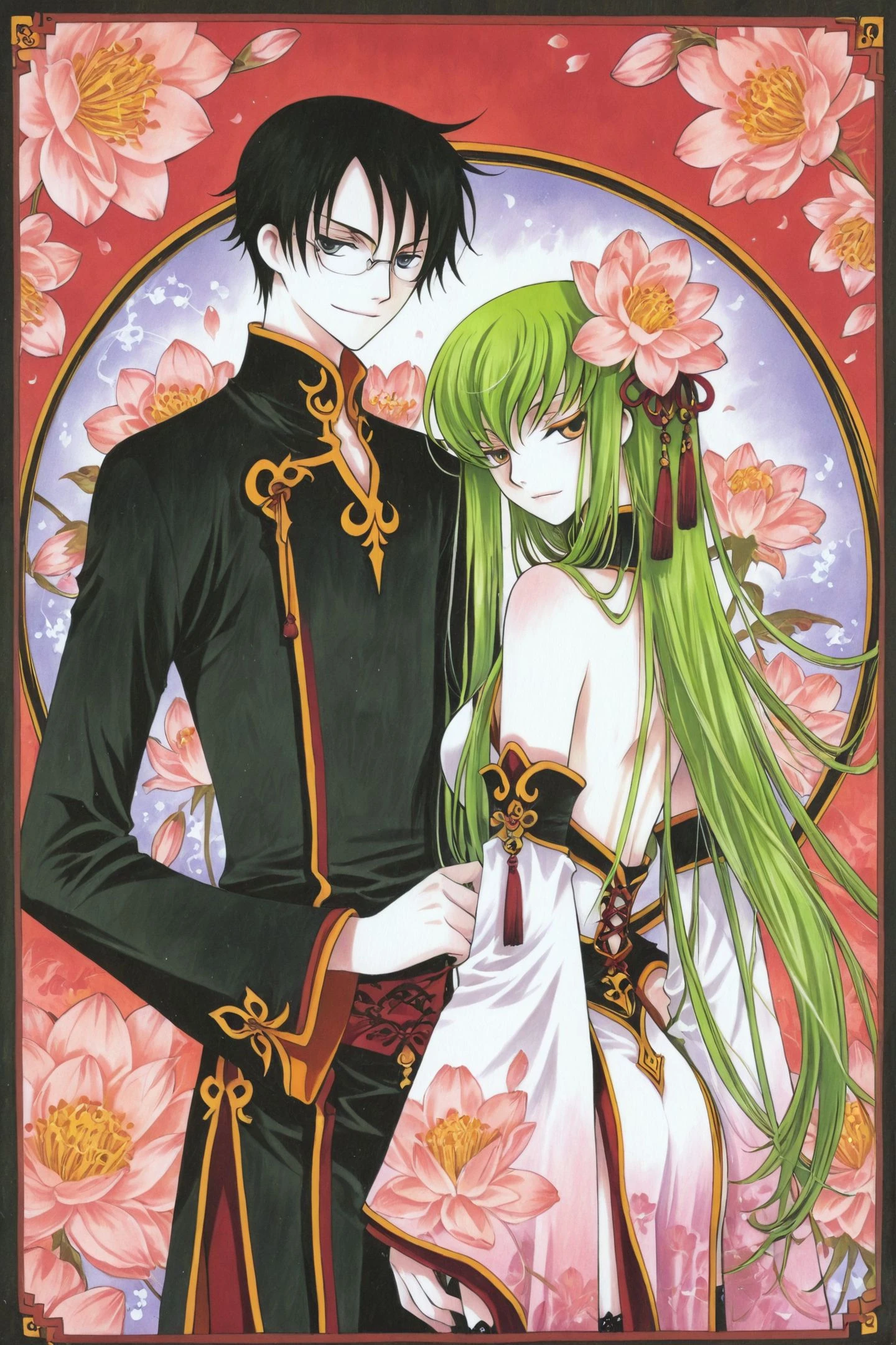 Watanuki Kimihiro,1boy,male focus,flower,black hair,kiseru,1girl,c.c.,green hair,long hair,looking at viewer,detached sleeves,thighhighs,bare shoulders,upper body,standing,traditional media,glasses,light smile,
<lora:xxxHOLiC_illustriousXL:1>,
