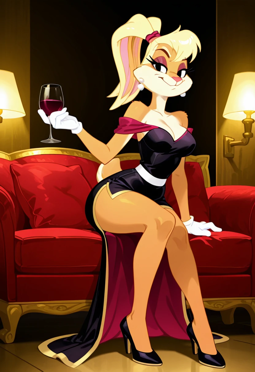 masterpiece, best quality, no humans, curvy, aged up, medium breasts, wide hips, narrow waist,  [Glam Lounge Noir] zzLola, blonde hair, ponytail, hair tie, 1girl, solo, off-shoulder evening dress, high heels, pearl earrings, velvet sofa, wine glass, dark ambient lighting, moody jazz club, vintage glam aesthetic, sitting pose â Draped across a velvet lounge chair, zzLola swirls wine in her glass with idle elegance. The deep cut of her black dress reveals just enough intrigue beneath the clubâs golden low lights. Her ponytail cascades like liquid silk down her back, catching flickers of a slow-turning chandelier above.  <lora:LolaBunnyCartoon_IXL:1.0>,   C0utur3Cr4z3, <lora:CoutureCraze_IXL:0.5>,