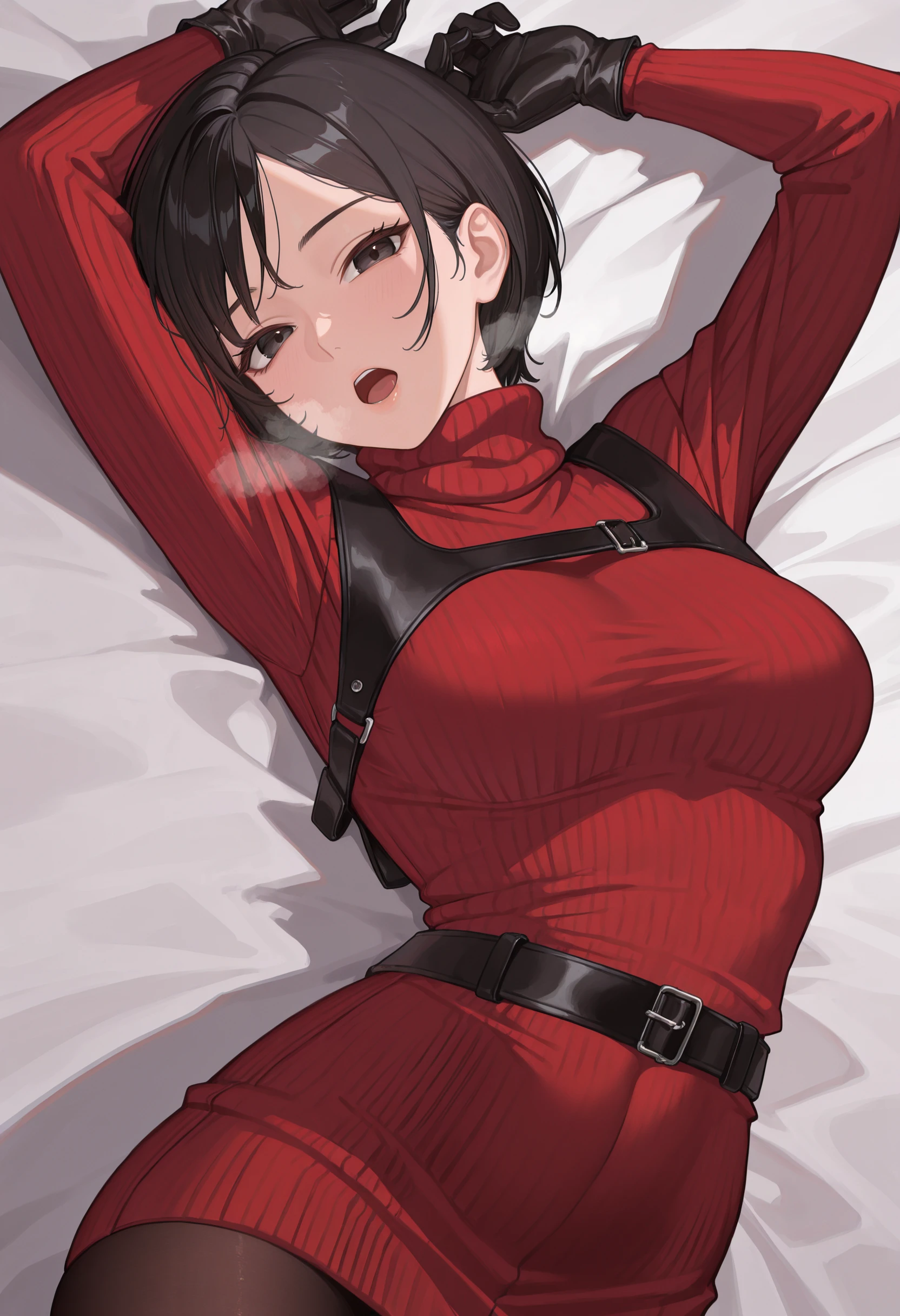 masterpiece, best quality, absurdres, highres, newest, 1girl, solo, <lora:adawong-re-richy-v1_ixl:1> adasweater, black hair, short hair, black eyes, medium breasts, red sweater, turtleneck, harness, pantyhose, black gloves, belt, on back, lying, arms up, looking at viewer, open mouth, heavy breathing,