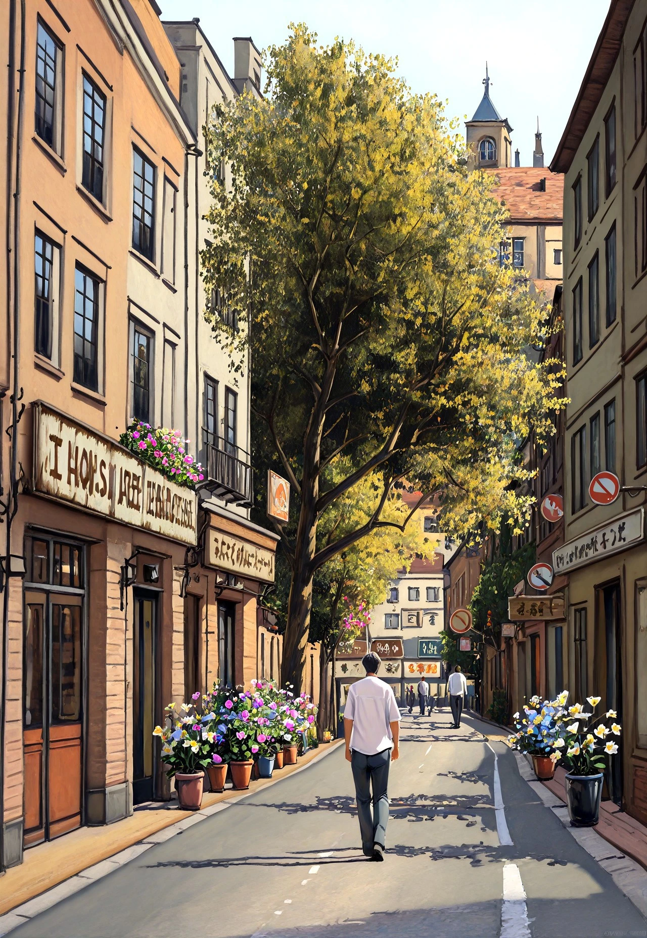masterpiece, very aesthetic, absurdres, best quality, 1MPR3SS1ON1SM, oil painting, outdoors, scenery, building, tree, road, window, street, 1boy, sky, day, shirt, white shirt, sign, pants, walking, flower, plant