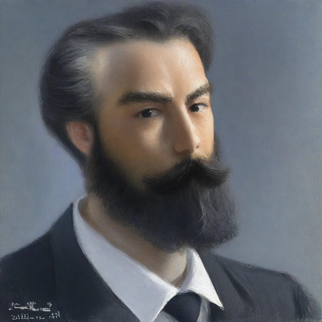 masterpiece, very aesthetic, absurdres, best quality, 1MPR3SS1ON1SM, oil painting, 1boy, solo, facial hair, male focus, mustache, beard, black hair, looking at viewer, dated, traditional media, shirt, realistic, black eyes, portrait, collared shirt, upper body