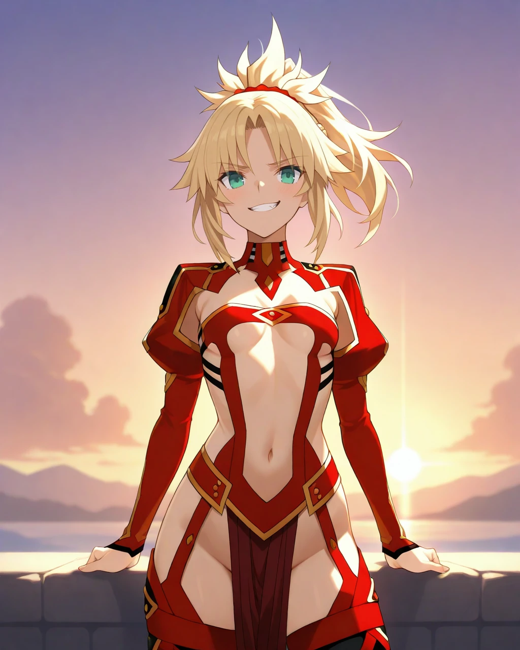 masterpiece,best quality,highres illustration,detailed face,1girl,cowboy shot,<lora:revealingsuit_IL:1>,revealing clothes,mordred \(fate\),smug,sunset,