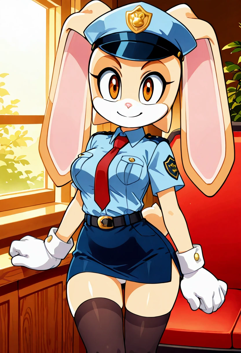masterpiece, best quality, no humans, curvy, aged up, , wide , narrow waist,  smile,    zzCream, cream fur, long ears, 1girl, solo, rabbit girl,   1girl, solo, , looking at viewer, skirt, shirt, thighhighs, hat, ribbon, twintails, , , hair ribbon, , short sleeves, necktie, alternate costume, belt, black thighhighs, indoors, miniskirt, bra, uniform, red ribbon, window, chair, blue shirt, black bra, pencil skirt, police, police uniform, policewoman, police hat  ,<lora:CreamTheRabbit_IXL:1.0>,   C0utur3Cr4z3, <lora:CoutureCraze_IXL:0.7>,