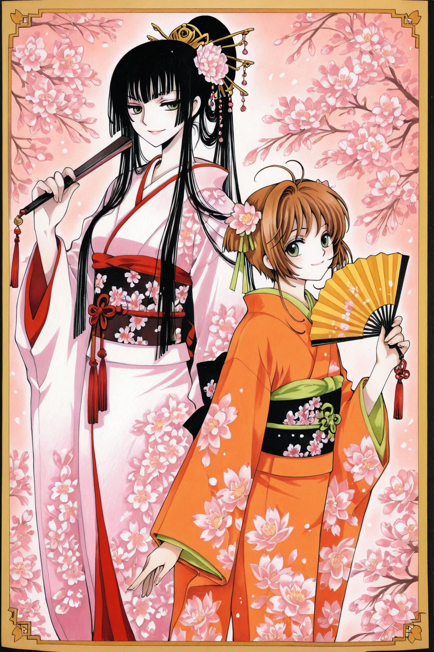 Ichihara Yuko,multiple girls,japanese clothes,2girls,kimono,kinomoto sakura, hand fan,long hair,black hair,folding fan,hair ornament,floral print,ribbon,brown hair,holding,bangs,sash,flower,smile,blunt bangs,green eyes,looking at viewer,obi,wide sleeves,traditional media,
<lora:xxxHOLiC_illustriousXL:1>,