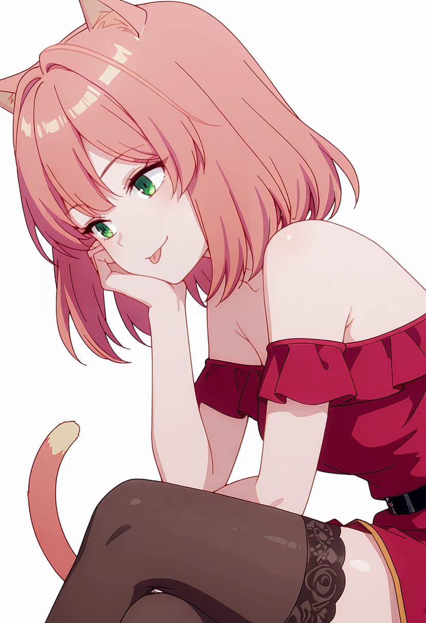 Smooth Quality,masterpiece,very intricate, high quality details, ultra realistic, high detailed skin,detailed enviorement,absurdres,
hand on own cheek,
<lora:Terakomari_Gandesblood_CNR:0.8>
<lora:Tio_Flat_CNR:0.8> tio_cnr, 1girl,pink hair, medium hair, green eyes, cat ears,cat tail, cat girl,, simple background, white background, from side,
sitting, legs crossed, hand on chin, smiling, relaxed, ,, :p,, anorak, ,off-shoulder top, ,lace thighhighs, ,