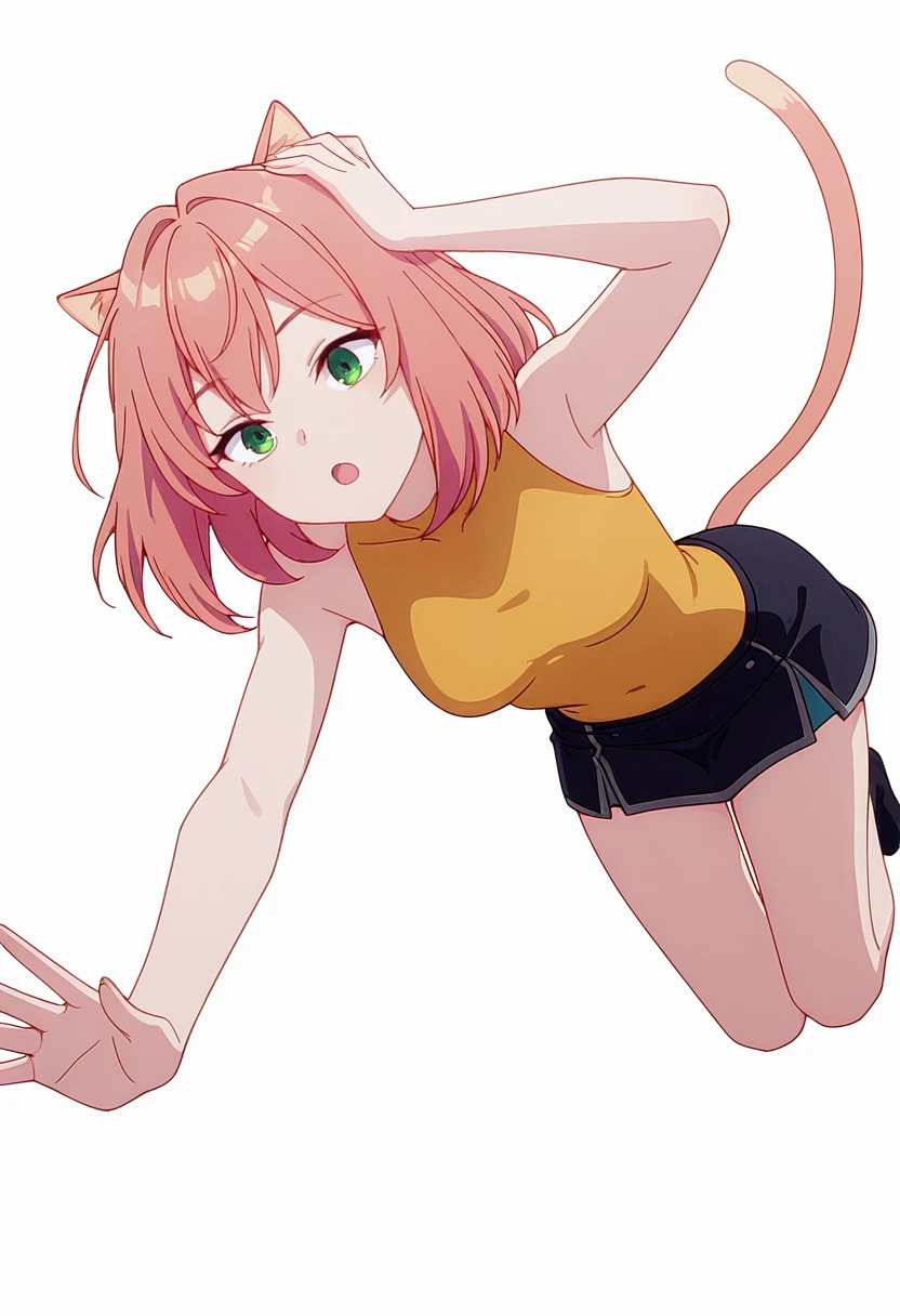 Smooth Quality,masterpiece,very intricate, high quality details, ultra realistic, high detailed skin,detailed enviorement,absurdres,
Hand on own head,
<lora:Terakomari_Gandesblood_CNR:0.8>
<lora:Tio_Flat_CNR:0.8> tio_cnr, 1girl,pink hair, medium hair, green eyes, cat ears,cat tail, cat girl,, simple background, white background, from below,
jumping, arms open, legs bent, smiling, midair, ,, :o,, sleeveless shirt, ,compression shirt, ,short skirt,,