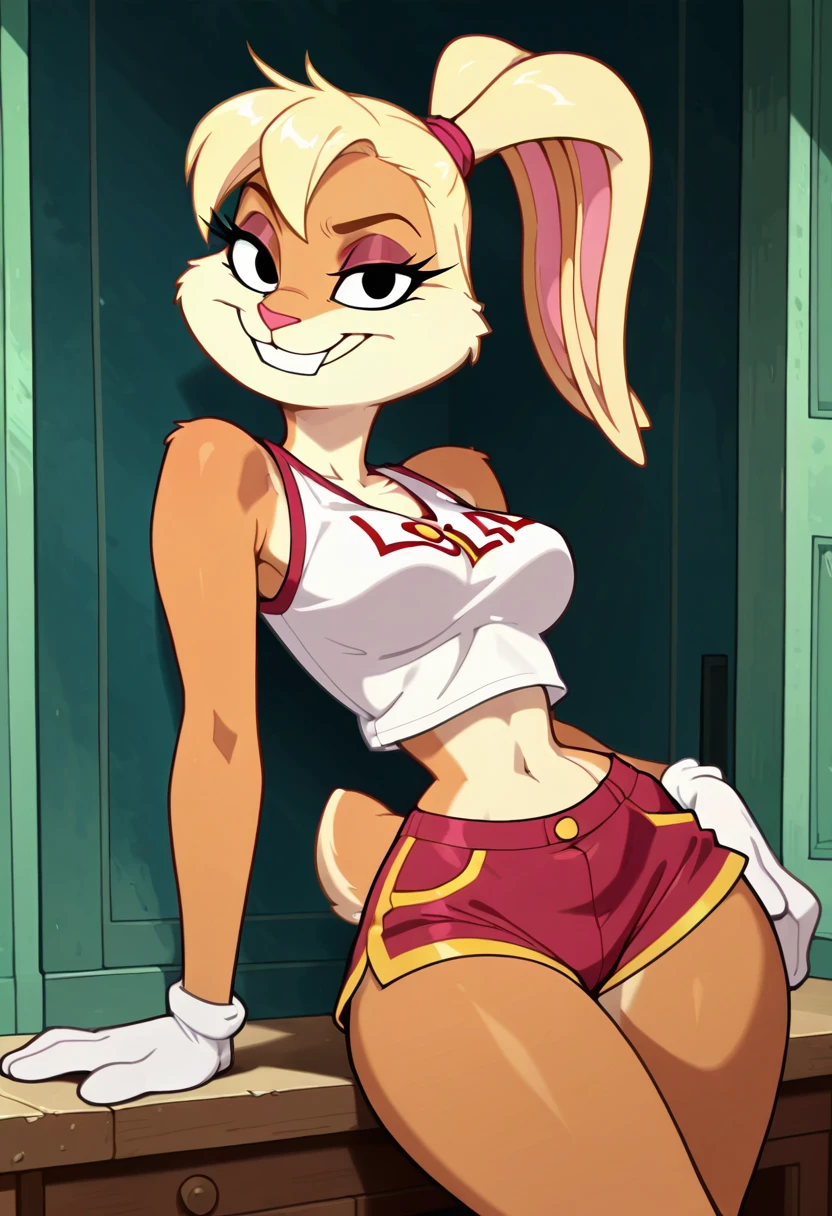 masterpiece, best quality, no humans, curvy, aged up, medium breasts, wide hips, narrow waist, smile, looking at viewer, zzLola, blonde hair, ponytail, hair tie, white shirt, sleeveless shirt, midriff, short shorts, <lora:LolaBunnyCartoon_IXL:0.9>,