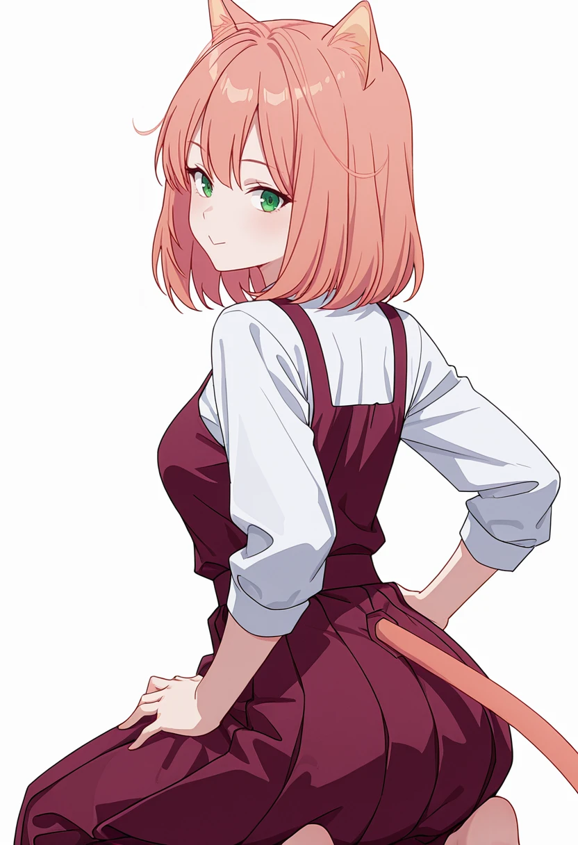 Smooth Quality,masterpiece,very intricate, high quality details, ultra realistic, high detailed skin,detailed enviorement,absurdres,
hand on own hip,
<lora:Tio_Flat_CNR:0.8> tio_cnr, 1girl,pink hair, medium hair, green eyes, cat ears,cat tail, cat girl,, simple background, white background, from behind,
kneeling, hands on thighs, head slightly tilted, neutral expression, focused gaze, ,, :>=,, pinafore top, ,peacoat, ,long skirt, ,