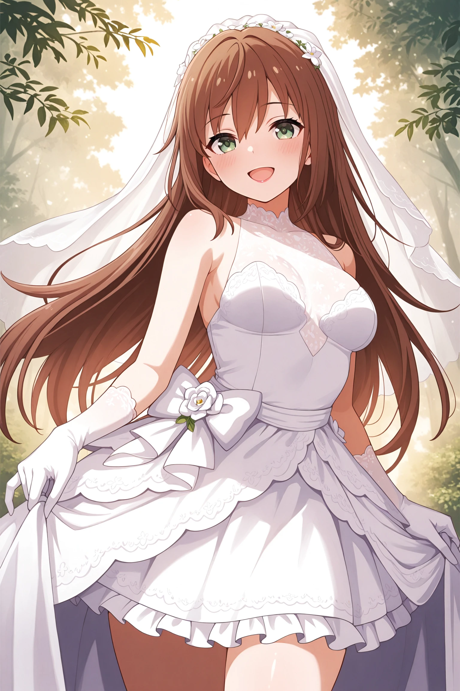 best quality, masterpiece, highly detailed, illustration, 1girl, solo, yoshida yuuko \(machikado mazoku\), horns, shamiko, (strapless white wedding dress), garden, glossy lips, makeup, lips parted, standing