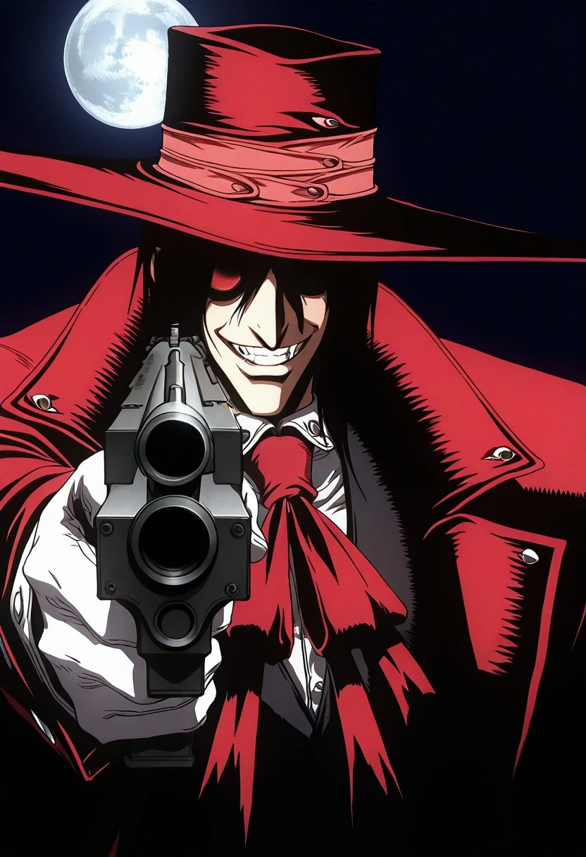 Hellsing_style, masterpiece, best quality, 1boy, male focus, Alucard, grin, hat, covered eyes, moon, shadow, gun, holding gun, aiming at viewer, close-up, dark background,