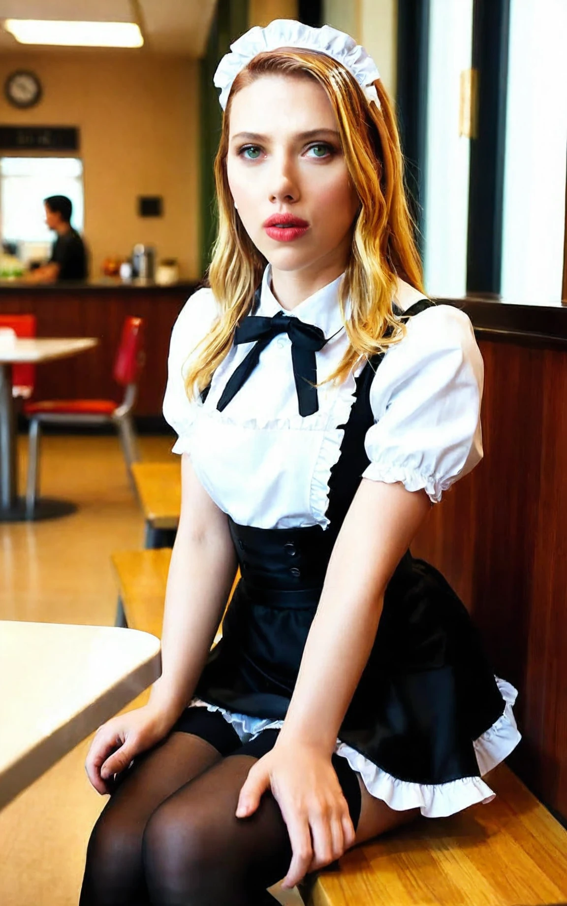 masterpiece, best quality, medium breasts, Scarlett Johansson, detailed face, realistic, looking viewer, long hair, maid outfit, cafeteria, solo, black sheer stocking, <lora:illustrious-Scarlett Johansson 1216x1600:1>, sitting