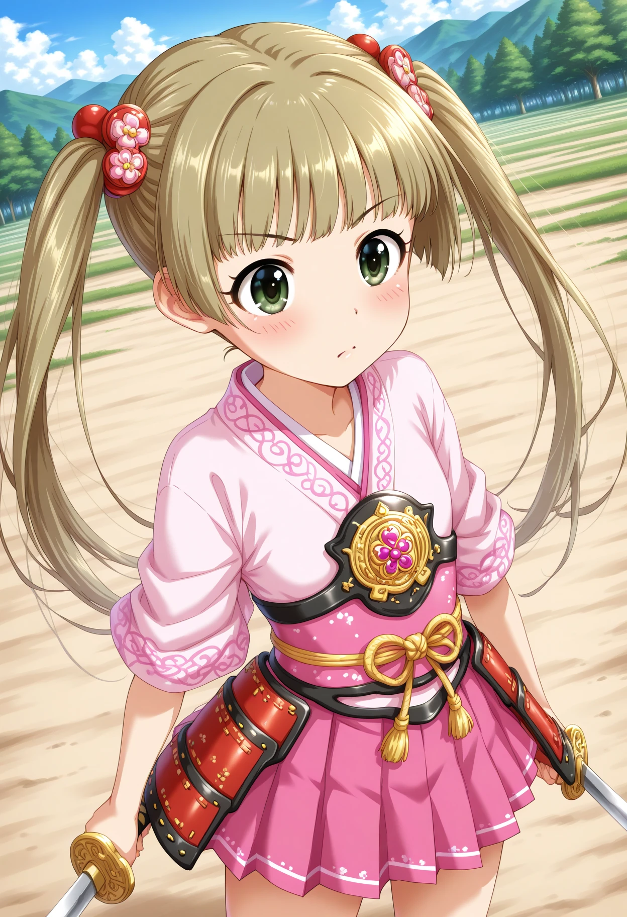 masterpiece, best quality, amazing quality, 1girl, solo, makeup, blush, cowboy shot, dynamic angle, perspective, field, nature, outdoors, acting jidaigeki, serious, <lora:Yokoyama_Chika_Cinderella:1>, Yokoyama_Chika_Cinderella, long hair, twintails, brown hair, hair ornament, green eyes, japanese clothes, pink pleated skirt, japanese armor, holding weapon, <lora:wai-Rectified-s:1>, <lora:prompt_extend:1>