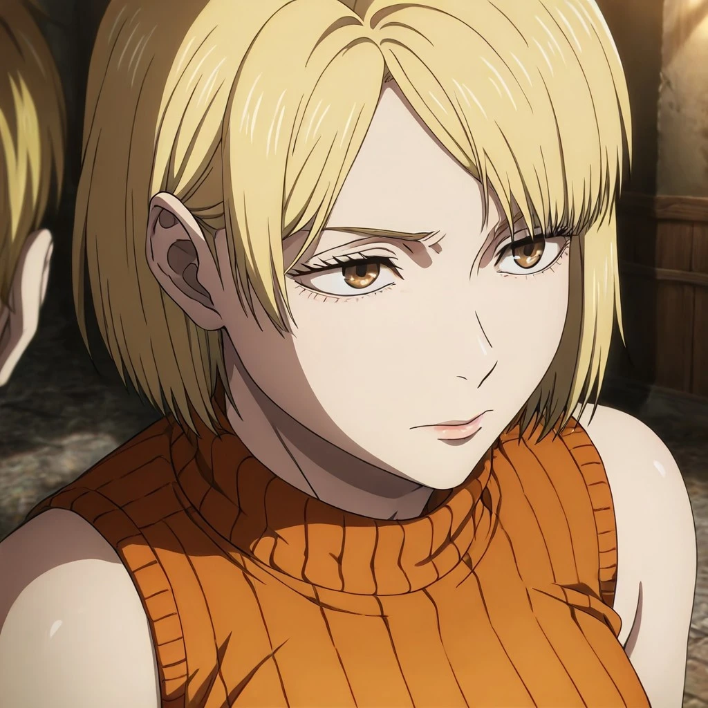 masterpiece, best quality, newest, absurdres, highres, anime, anime style, TDAEV1.0,
1girl, ashley graham (resident evil), blonde, orange shirt, blonde hair, orange sweater,
sleeveless, sleeveless sweater, sleeveless tutrleneck, turtleneck, short hair, curtained hair,
