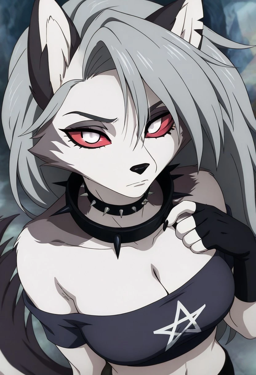 masterpiece, best quality, newest, absurdres, highres, anime, anime style, TDAEV1.0,
1girl, Loona \(helluva_boss\), animal ears, animals nose, choker, collar, furry, furry female, pentagram, red sclera, white eyes, colored sclera, crop top, wolf girl, wolf ears, wolf tail, grey hair, fingerless gloves, bare shoulders, black gloves, spiked collar, spikes,
