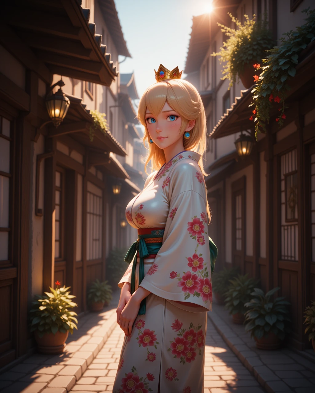 photorealistic image of <lora:Nintendo_-_Princess_Peach_v2_000030:1> n-peach, a 20 year old girl she has blue eyes and blonde hair, wearing a golden crown, a 20 year old woman Jealous with narrowed eyes, a forced smile, and a tense, sideward glance.
-Highest quality, best quality, masterpiece. cinematic atmosphere. The lighting is soft yet dramatic. The film grain adds a tactile, grainy texture, enhancing the dreamlike quality of the scene.
A woman stands in the middle of a narrow alleyway in an old town, admiring the quaint architecture and brightly colored flowers spilling from windowsills.
Satin kimono with wide sleeves, tie waist, and floral pattern