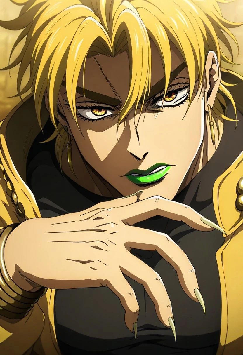 masterpiece, best quality, newest, absurdres, highres, anime, anime style, TDAEV1.0,
1boy, dio brando \(jojo no kimyou na bouken\), blonde, green lipstick, long fingernails, green lips, jewelry, yellow eyes, yellow jacket, black shirt,