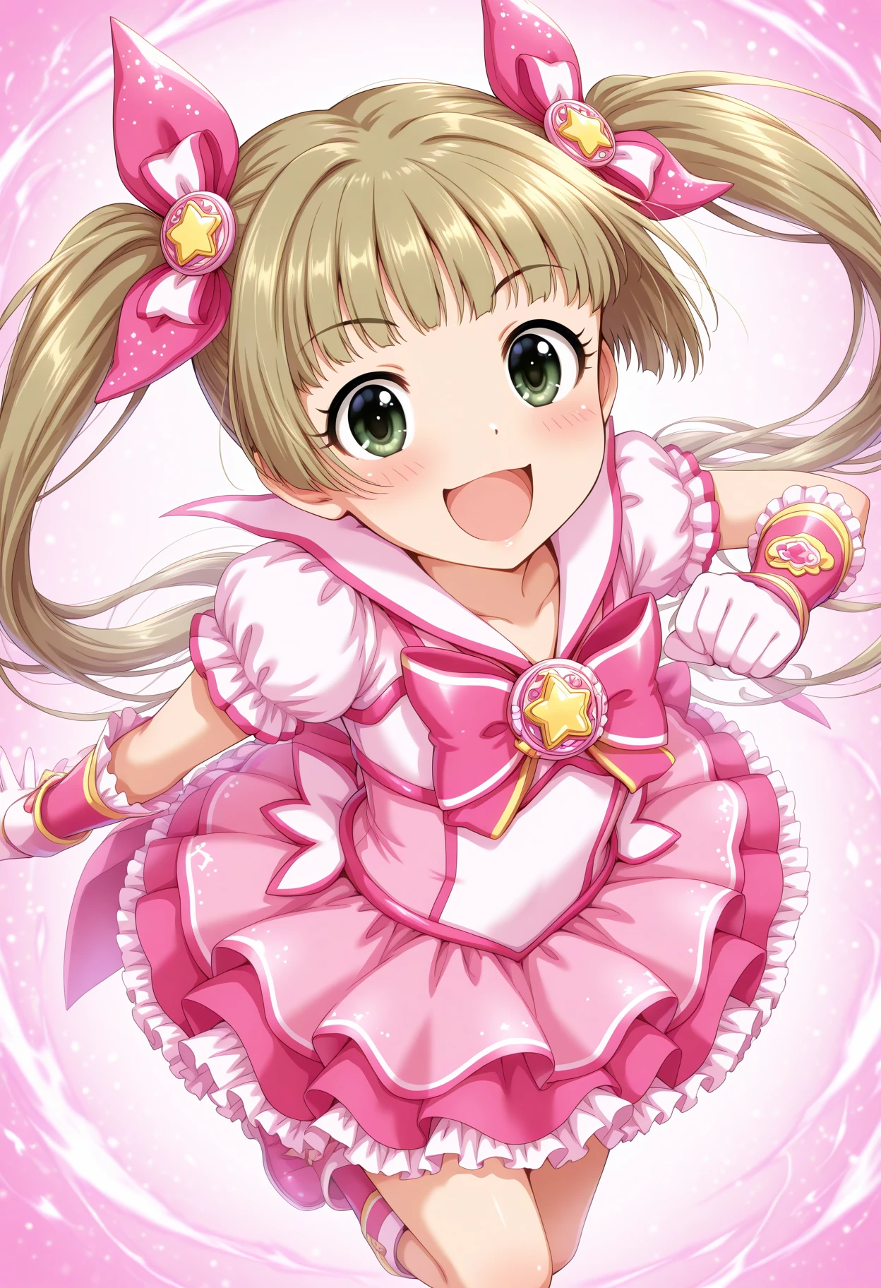 masterpiece, best quality, amazing quality, 1girl, solo, makeup, blush, dynamic angle, perspective, magical background, magical effects, dynamic pose, smile, confident, open mouth, <lora:Yokoyama_Chika_Cinderella:1>, Yokoyama_Chika_Cinderella, long hair, twintails, brown hair, hair ornament, green eyes, magical girl, magical girl costume, star(symbol), bowtie, short sleeves, white gloves, pink dress, frills, ribbon, <lora:wai-Rectified-s:1>, <lora:prompt_extend:1>