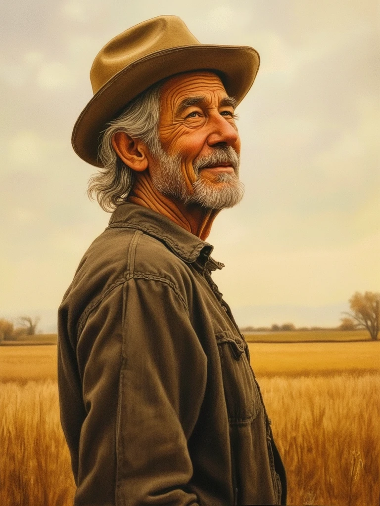 Drawing. Warm tones.
An old country chap, pleased with himself, standing at the edge of a field.
cntrycmfrtCE_style