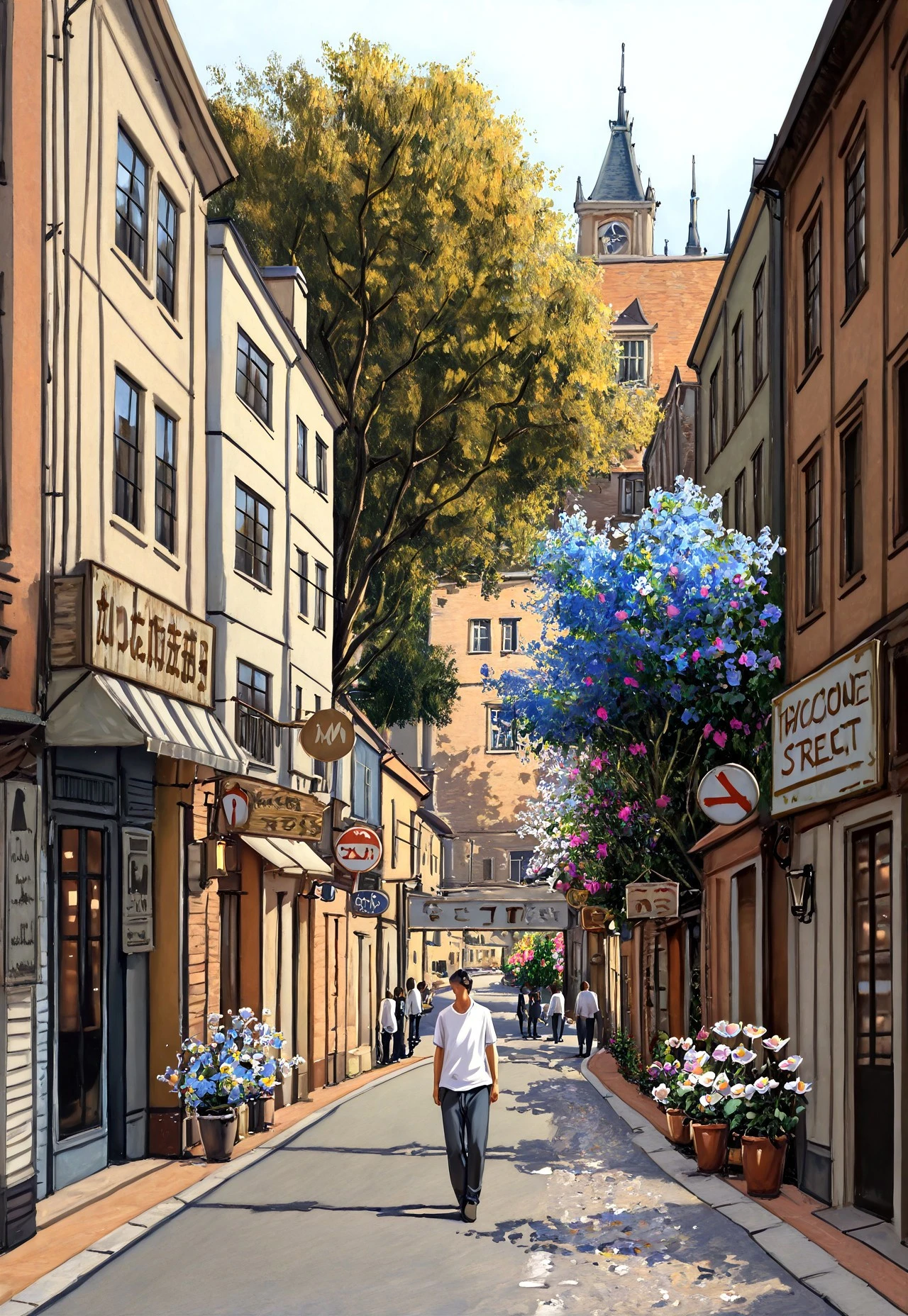 masterpiece, very aesthetic, absurdres, best quality, 1MPR3SS1ON1SM, oil painting, outdoors, scenery, building, tree, road, window, street, 1boy, sky, day, shirt, white shirt, sign, pants, walking, flower, plant