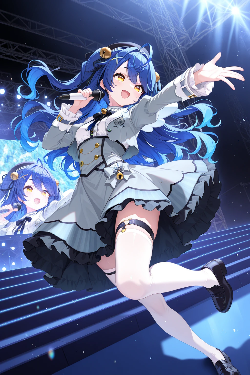 1girl, AmamiyaKokoroNijisanji,
general, solo, perspective, dynamic angle,
long hair, blue hair, two side up, wavy hair,
eyelashes, yellow eyes, mini wings,
black headwear, x hair ornament, hair bell,
grey jacket,
puffy sleeves, frilled sleeves,
cropped jacket,
breasts, open jacket,
neck bell, white shirt,
grey dress, thigh strap, white thighhighs, loafers,
smile, dynamic pose, outstretched arm,
singing,
stage, spot lighting, light particles,
<lora:kp_AmamiyaKokoroNijisanji1stCostumeIllustrious_v1_0:1.0>,
masterpiece, best quality, amazing quality