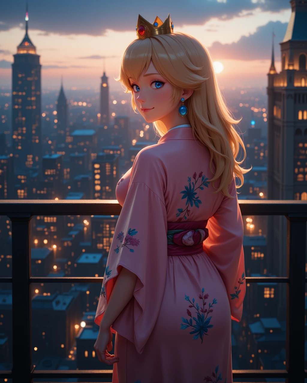 photorealistic image of <lora:Nintendo_-_Princess_Peach_v2_000030:1> n-peach, a 20 year old girl she has blue eyes and blonde hair, wearing a golden crown, a 20 year old woman Hopeful with eyes glimmering, a gentle smile, and a posture leaning forward in anticipation.
-Highest quality, best quality, masterpiece. cinematic atmosphere. The lighting is soft yet dramatic. The film grain adds a tactile, grainy texture, enhancing the dreamlike quality of the scene.
A woman stands on a balcony in a city, taking in the view of the skyline at twilight, the lights of the city beginning to glow as the night takes over.
Maxi kimono with wide sleeves, an open front, and floral embroidery