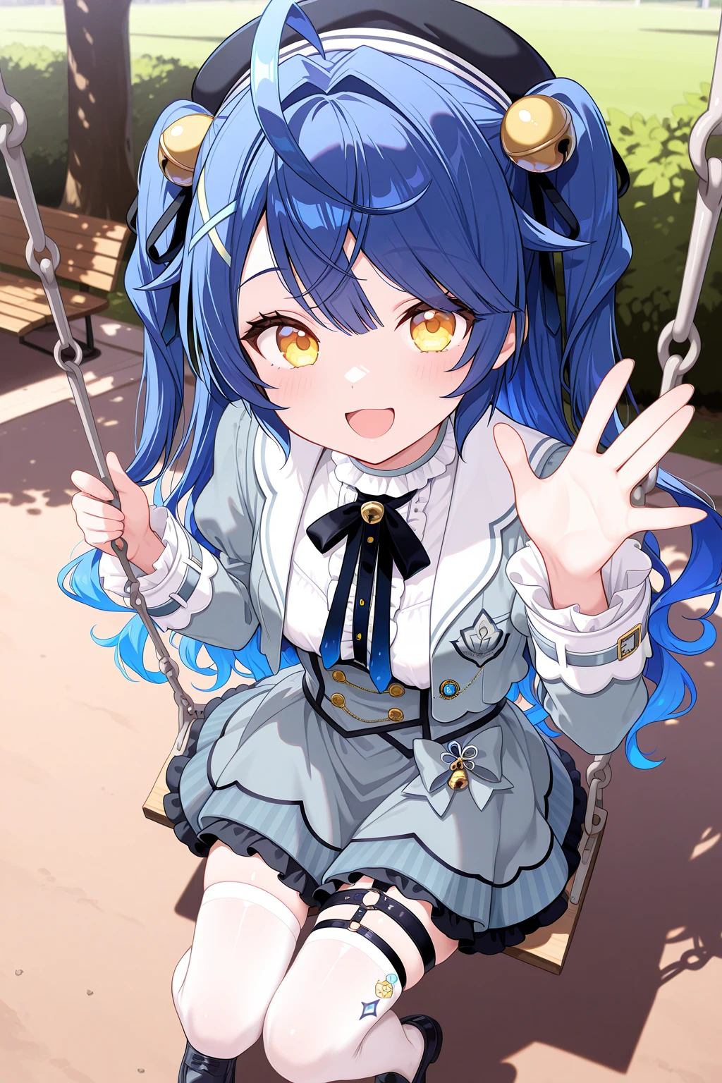 1girl, AmamiyaKokoroNijisanji,
general, solo, perspective, from above,
long hair, blue hair, two side up, wavy hair,
eyelashes, yellow eyes,
black headwear, x hair ornament, hair bell,
grey jacket,
puffy sleeves, frilled sleeves,
cropped jacket,
breasts, open jacket,
neck bell, white shirt,
grey dress,
thigh strap, white thighhighs, loafers,
sitting, swinging, looking at viewer, \:D, waving,
park, swing,
<lora:kp_AmamiyaKokoroNijisanji1stCostumeIllustrious_v1_0:1.0>,
masterpiece, best quality, amazing quality