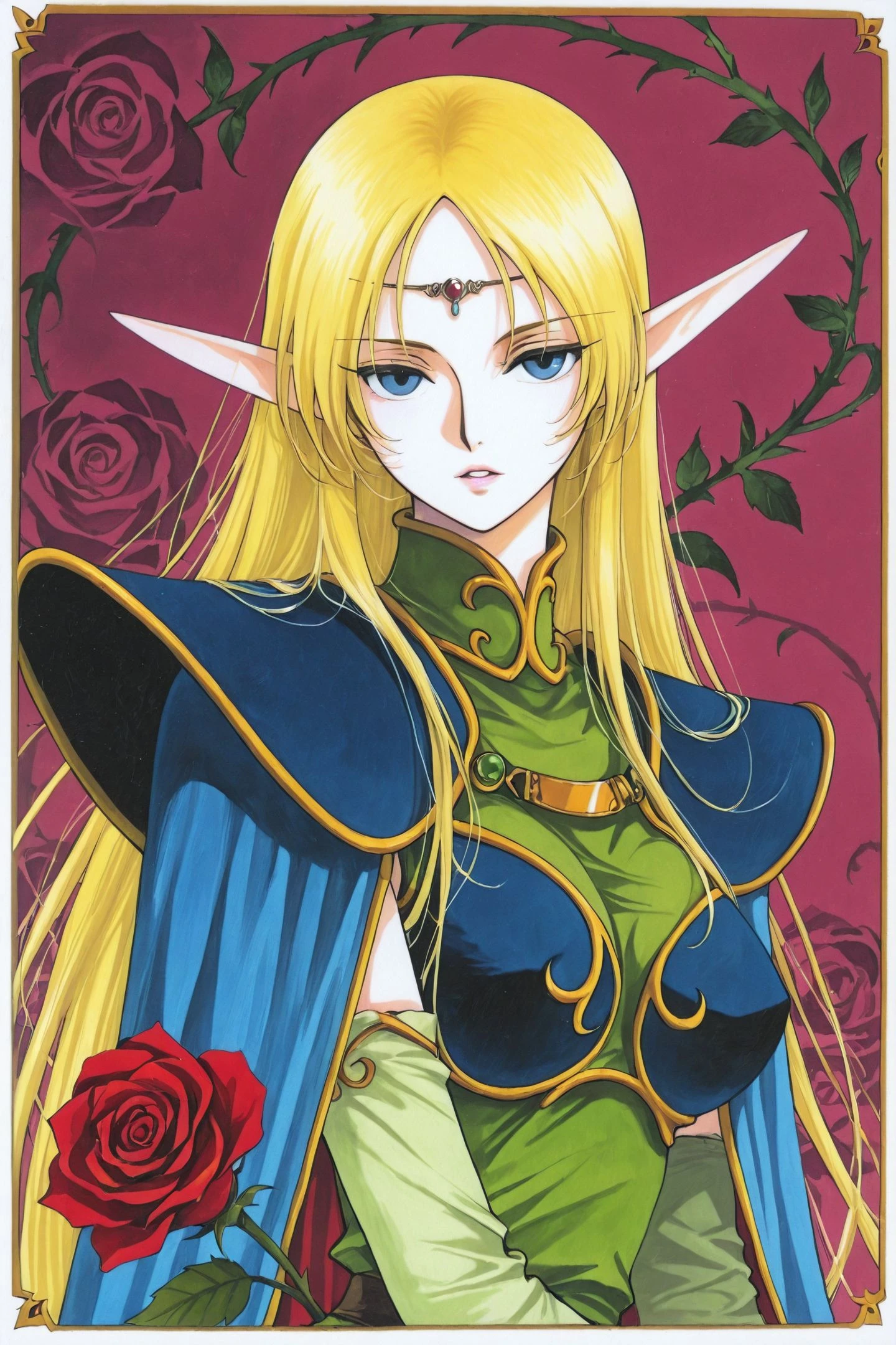 1girl,Deedlit,solo,pointy ears,long hair,blonde hair,gloves,elf,cape,blue cape,blue eyes,circlet,very long hair,shoulder armor,parted lips,looking at viewer,upper body,traditional media,rose,
<lora:yuuki nobuteru_illustriousXL_v2:0.4>,
<lora:xxxHOLiC_illustriousXL:1.5>,