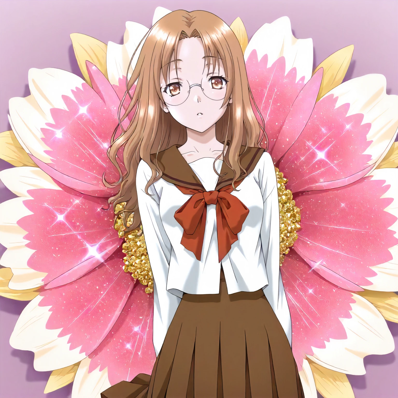 <lora:YG_takani_sakuyaXLIllustrious001>,
masterpiece,best quality,good quality,newest,
flower background,glitter,
parted lips,
looking at viewer,
solo,
anime coloring,
takani_sakuya\(yukigatari\),1girl,light brown hair,long hair,brown eyes,rimless_eyewear,
cowboy shot,standing,
serafuku,