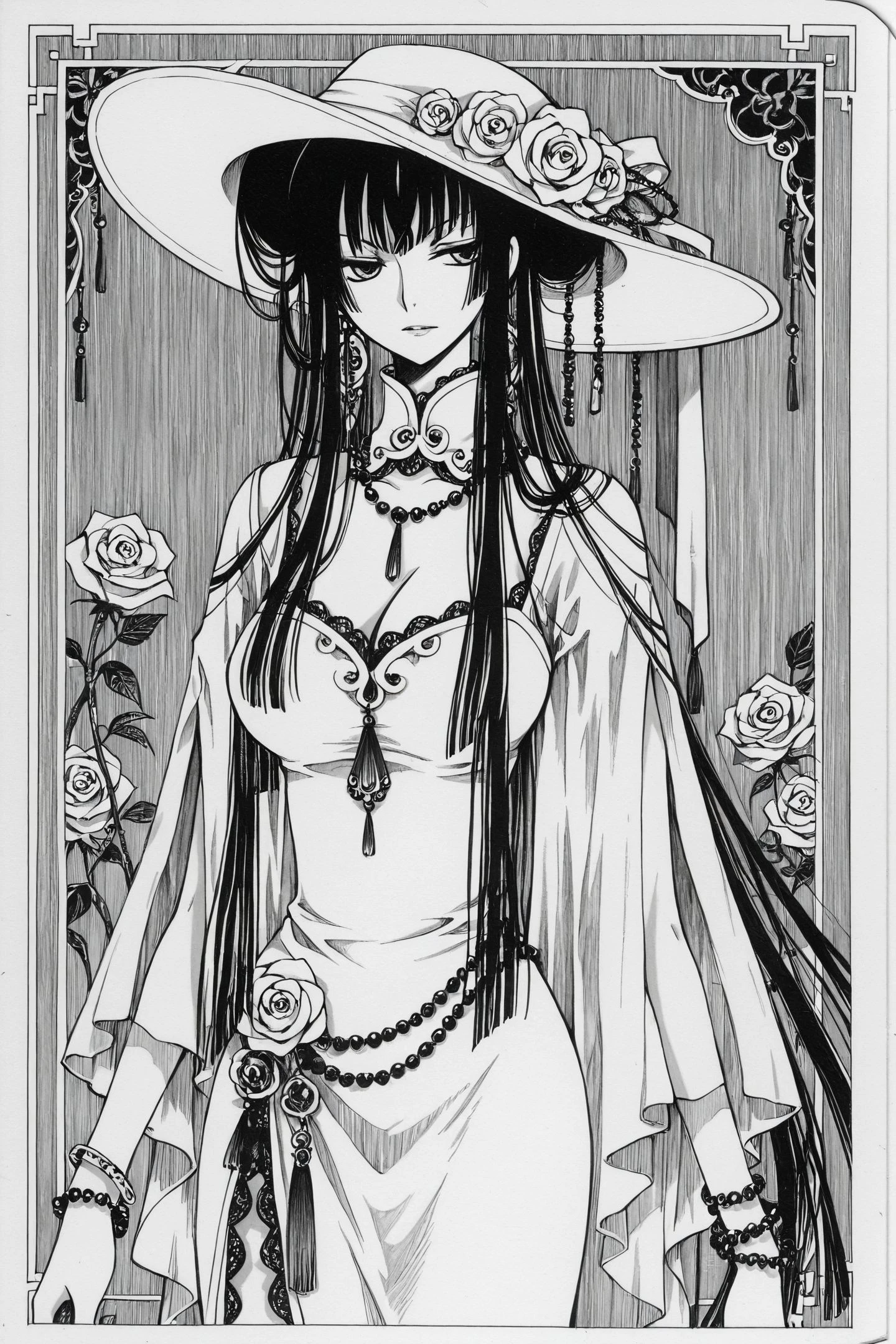 Ichihara Yuko,1girl,monochrome,flower,solo,hat,greyscale,dress,jewelry,rose,bracelet,beads,traditional media,
<lora:xxxHOLiC_illustriousXL:1>,