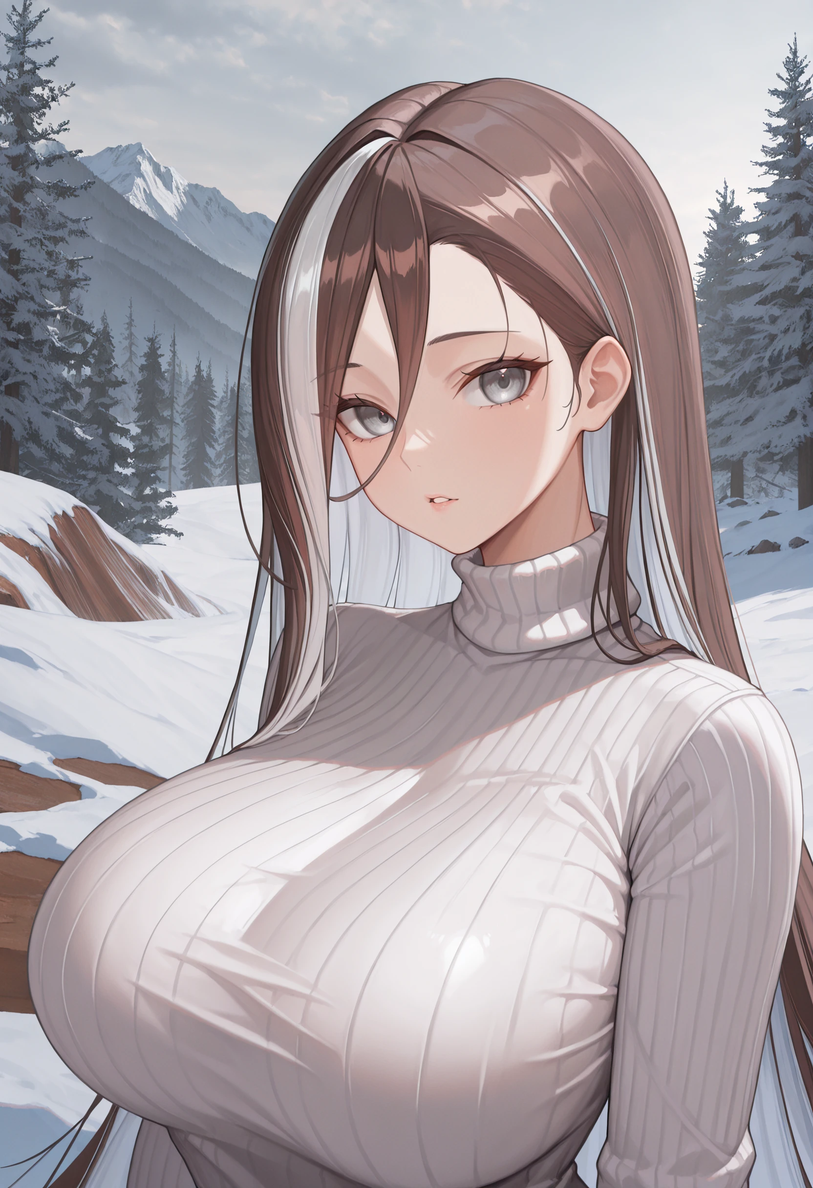 ((Quality: masterpiece, best quality, UHD, anatomically correct, photo realism, textured and detailed skin, skin pores, skin imperfections, textured and detailed hair, volumetric lighting)), whimsical and creative artist woman with a palette of vibrant colors, frost warrior at the top of a snowy mountain, mountain background, snowstorm, powerful warrior pose, fur lined cape, curvy hourglass figure, (((naked, nude, erotic)))