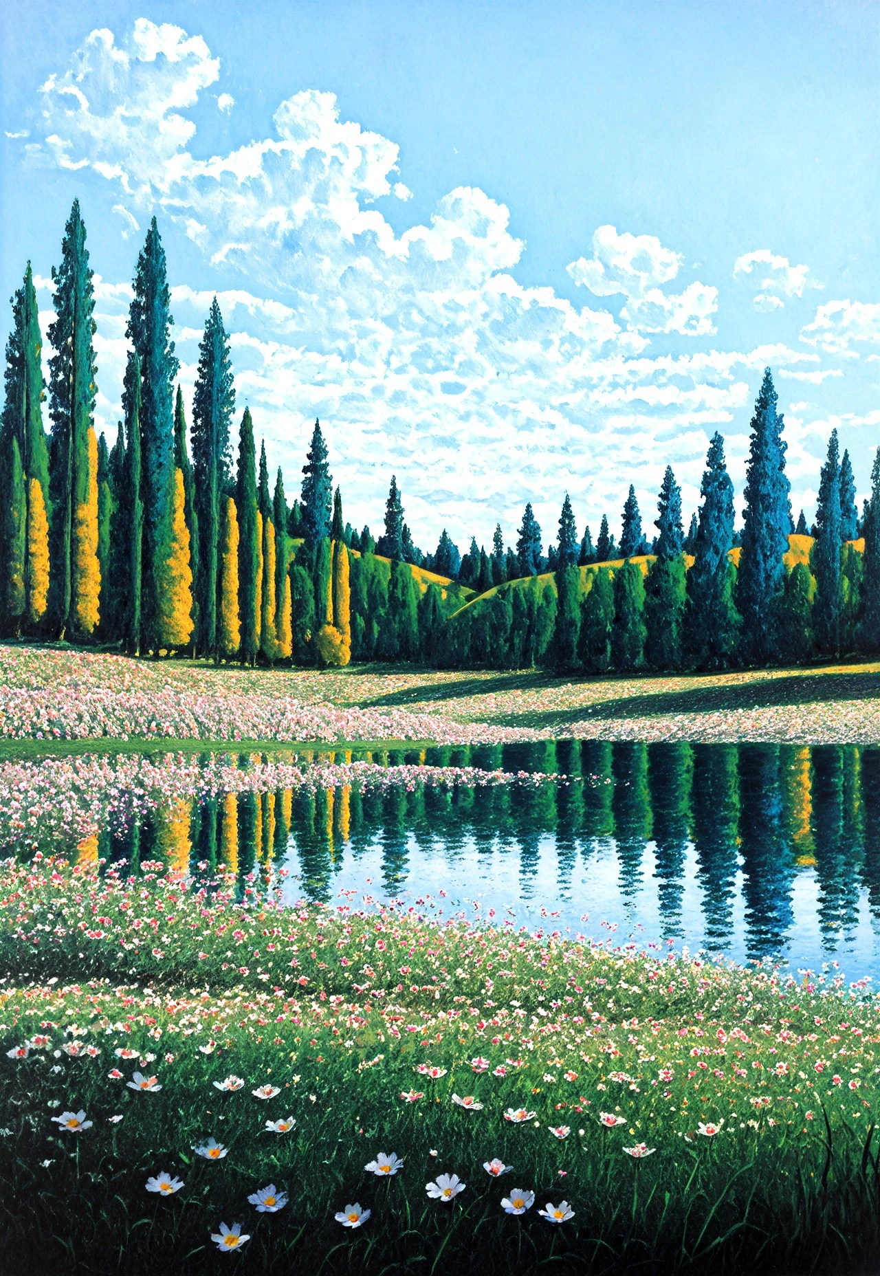 masterpiece, very aesthetic, absurdres, best quality, masterpiece, very aesthetic, absurdres, best quality, 1MPR3SS1ON1SM, oil painting, scenery, outdoors, no humans, nature, sky, cloud, traditional media, tree, day, flower, forest, grass, cloudy sky, field, painting (medium), blue sky, water, landscape, lake