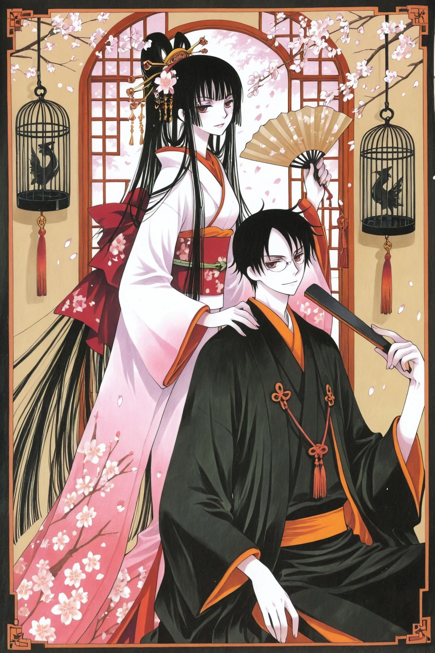 Watanuki Kimihiro,Ichihara Yuko,1girl,1boy,japanese clothes,black hair,kimono,glasses,hair ornament,hand fan,long hair,cage,red eyes,hime cut,traditional media,cherry blossoms,
<lora:xxxHOLiC_illustriousXL:0.9>,