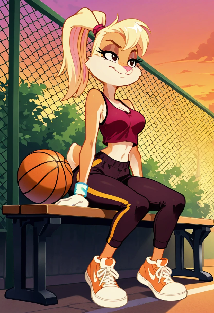 masterpiece, best quality, no humans, curvy, aged up, medium breasts, wide hips, narrow waist,  [Street Court Sunset] zzLola, blonde hair, ponytail, hair tie, 1girl, solo, cropped tank top, track pants, sneakers, sweatband, basketball, chain-link fence, street court bench, orange sunset glow, athletic sporty aesthetic, sitting pose â zzLola leans forward on a weathered court bench, arms draped over a basketball, sweatband pushed up to reveal determined eyes. The sun sets behind the fence, casting golden streaks across her toned arms and tousled ponytail. Her sneakers scuff the pavement as she catches her breath, ready for another round.    <lora:LolaBunnyCartoon_IXL:0.8>,   C0utur3Cr4z3, <lora:CoutureCraze_IXL:0.6>,