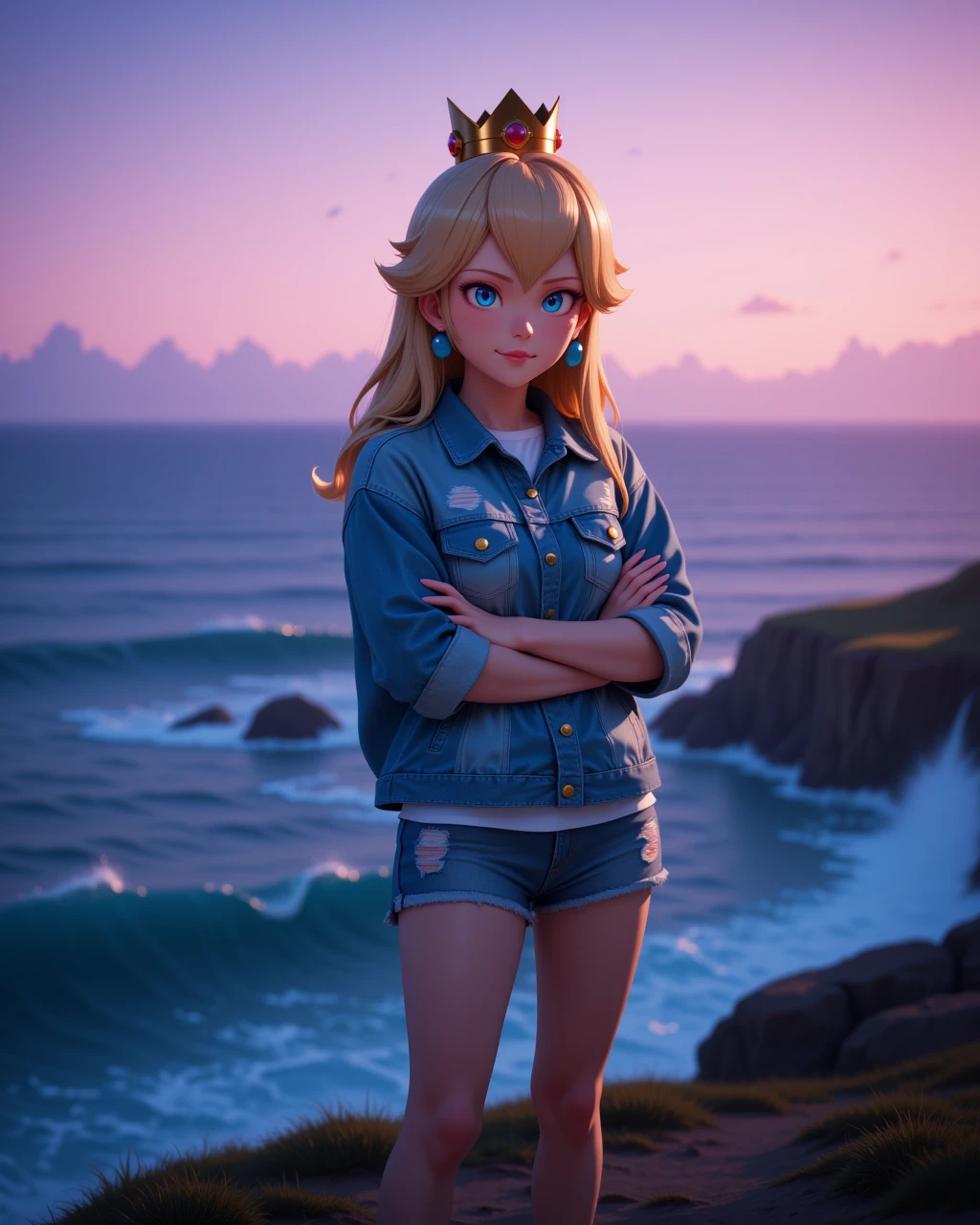 photorealistic image of <lora:Nintendo_-_Princess_Peach_v2_000030:1> n-peach, a 20 year old girl she has blue eyes and blonde hair, wearing a golden crown, a 20 year old woman Impatient with a tapping foot, arms crossed, and an annoyed scowl.
-Highest quality, best quality, masterpiece. cinematic atmosphere. The lighting is soft yet dramatic. The film grain adds a tactile, grainy texture, enhancing the dreamlike quality of the scene.
A woman stands on a cliff's edge at twilight, gazing out over the crashing waves below, the sky painted in hues of purple and pink as the stars begin to appear.
Denim jacket with an oversized fit, rolled-up sleeves, and a distressed look