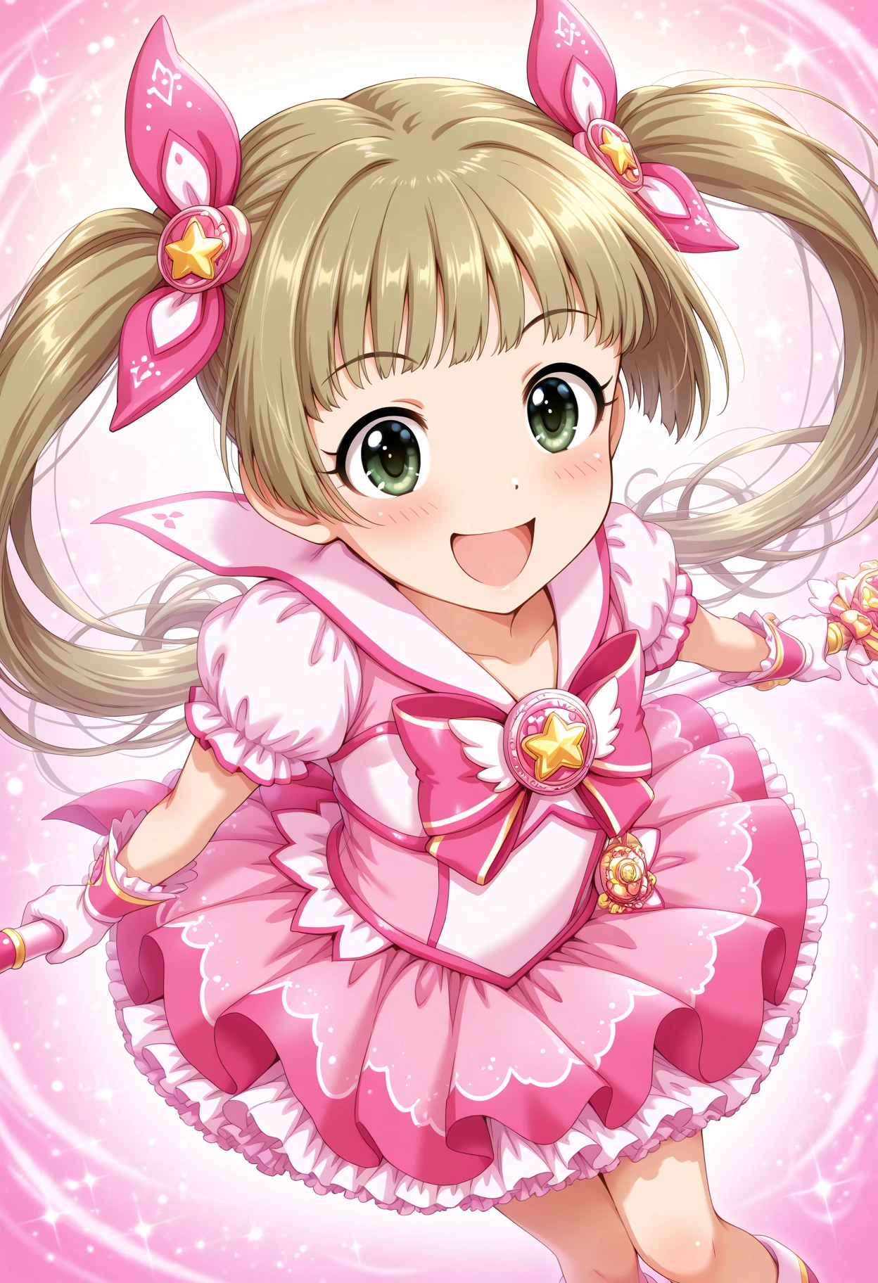 masterpiece, best quality, amazing quality, 1girl, solo, makeup, blush, dynamic angle, perspective, magical background, magical effects, sparkle, smile, confident, open mouth, <lora:Yokoyama_Chika_Cinderella:1>, Yokoyama_Chika_Cinderella, long hair, twintails, brown hair, hair ornament, green eyes, magical girl, magical girl costume, holding staff, bowtie, short sleeves, white gloves, pink dress, frills, ribbon, <lora:wai-Rectified-s:1>, <lora:prompt_extend:1>