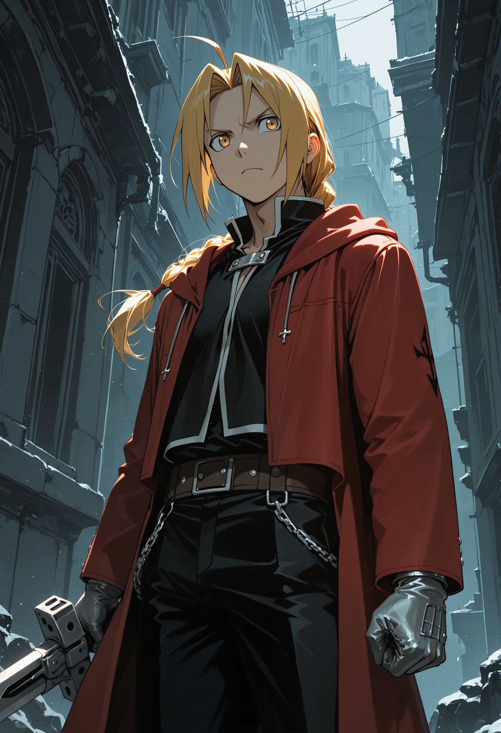 masterpiece, best quality, newest, absurdres, highres,
edward elric, 1boy, solo, holding weapon, blonde hair,