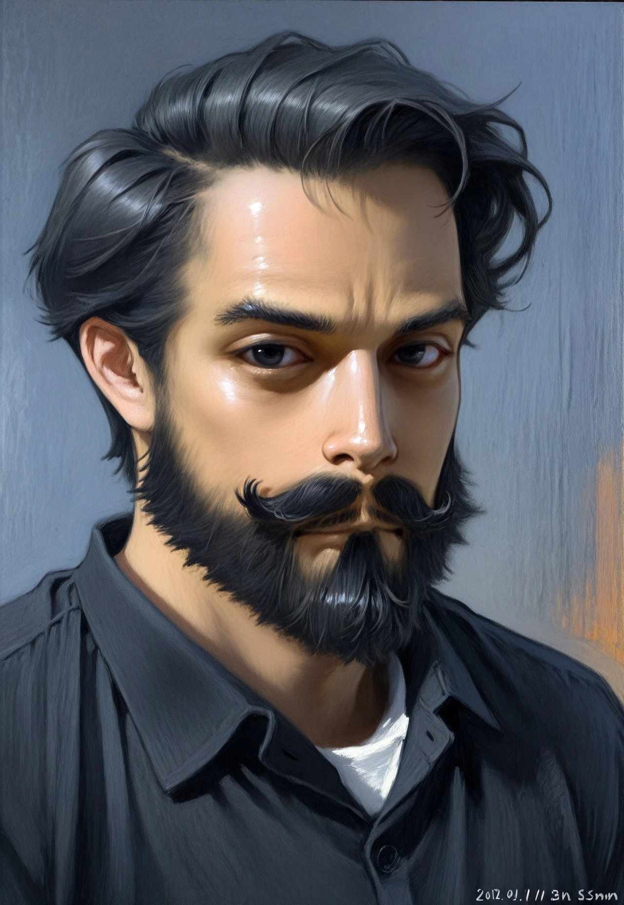 masterpiece, very aesthetic, absurdres, best quality, 1MPR3SS1ON1SM, oil painting, 1boy, solo, facial hair, male focus, mustache, beard, black hair, looking at viewer, dated, traditional media, shirt, realistic, black eyes, portrait, collared shirt, upper body