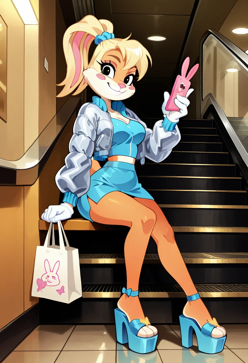 masterpiece, best quality, no humans, curvy, aged up, medium breasts, wide hips, narrow waist, smile,   [Y2K Mall Atrium] zzLola, blonde hair, ponytail, hair tie, 1girl, solo, shiny puffer jacket, mini skirt, butterfly hair clip, platform sandals, shopping bags, escalator in background, food court bench, sparkly stickers on phone, y2k fashion aesthetic, sitting pose â Perched at the edge of a glossy mall bench, zzLola kicks one foot as she scrolls through selfies, her platform heels clicking together. Shopping bags spill beside her, each brimming with pastel goodies. Her ponytail is tied high with a glittery scrunchie, bobbing with every playful tilt of her head.  <lora:LolaBunnyCartoon_IXL:0.8>,   C0utur3Cr4z3, <lora:CoutureCraze_IXL:0.5>,