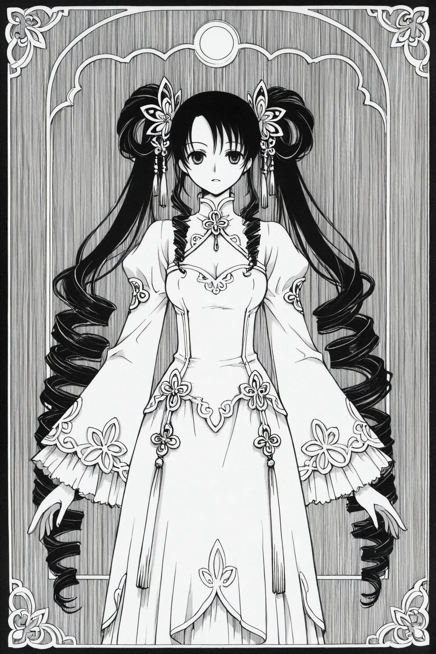 Himawari Kunogi,1girl,monochrome,solo,greyscale,drill hair,long hair,hair ornament,twintails,dress,looking at viewer,black hair,
<lora:xxxHOLiC_illustriousXL:1>,