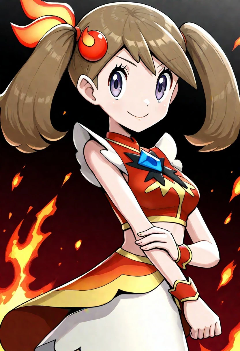 [hinosaki, pokemoa, gonzarez], 2d, masterpiece, best quality, amazing quality, 1girl, solo, close-up, standing, smile, upper body, cowboy shot, looking at viewer, simple background, gradient background, black background, red background, flames, sygmay, symay, brown_hair, twintails, grey_eyes, red_crop_top, crop_top, white_shoulders, red_dress, white_skirt, sleeveless, red_wrist_cuffs, hair_ornament